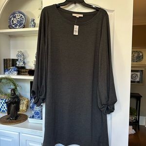 LOFT- charcoal long sleeve knit dress with knotted ends on sleeve